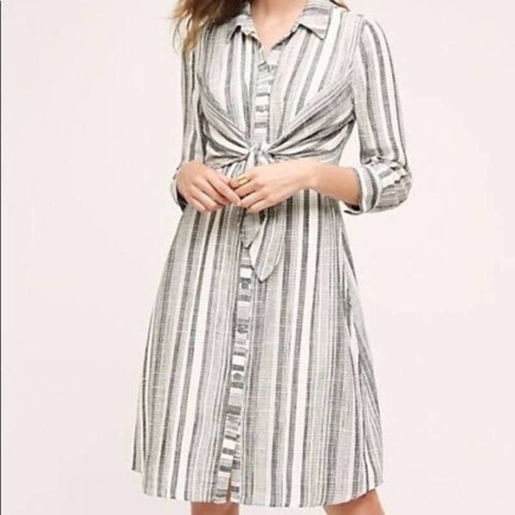HD in Paris Anthropologie Striped Tie Front Linen Dress Women's Size 0 - Picture 1 of 12